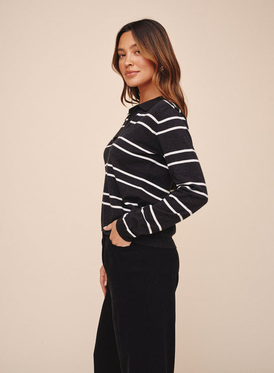 Bella Dahl Long Sleeve Placket Pullover - Graphite Stripe View 2