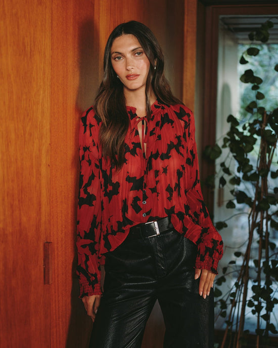 Bella Dahl Long Sleeve Pleated Smocked Button Down - Red Camellia