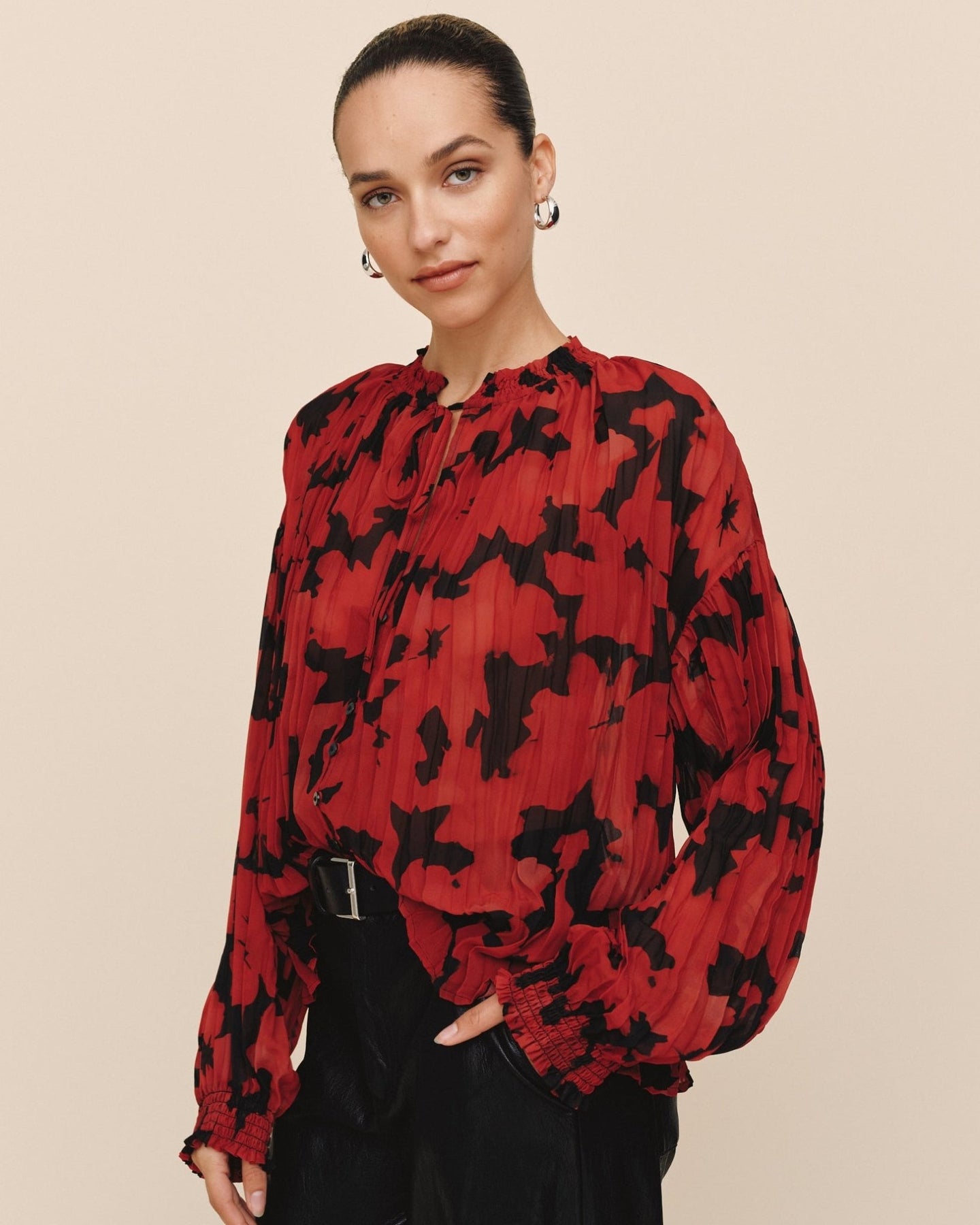Bella DahlLong Sleeve Pleated Smocked Button Down - Red CamelliaTops