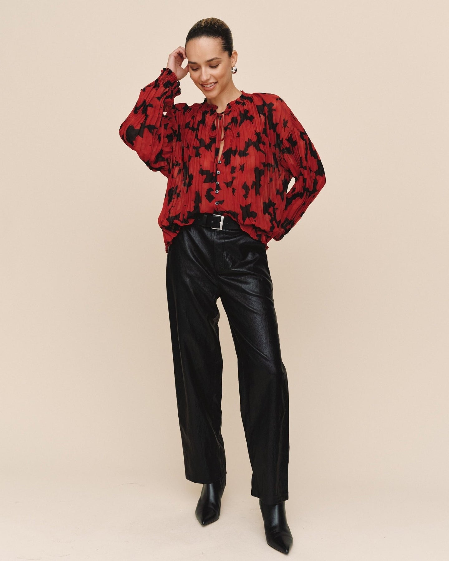 Bella DahlLong Sleeve Pleated Smocked Button Down - Red CamelliaTops