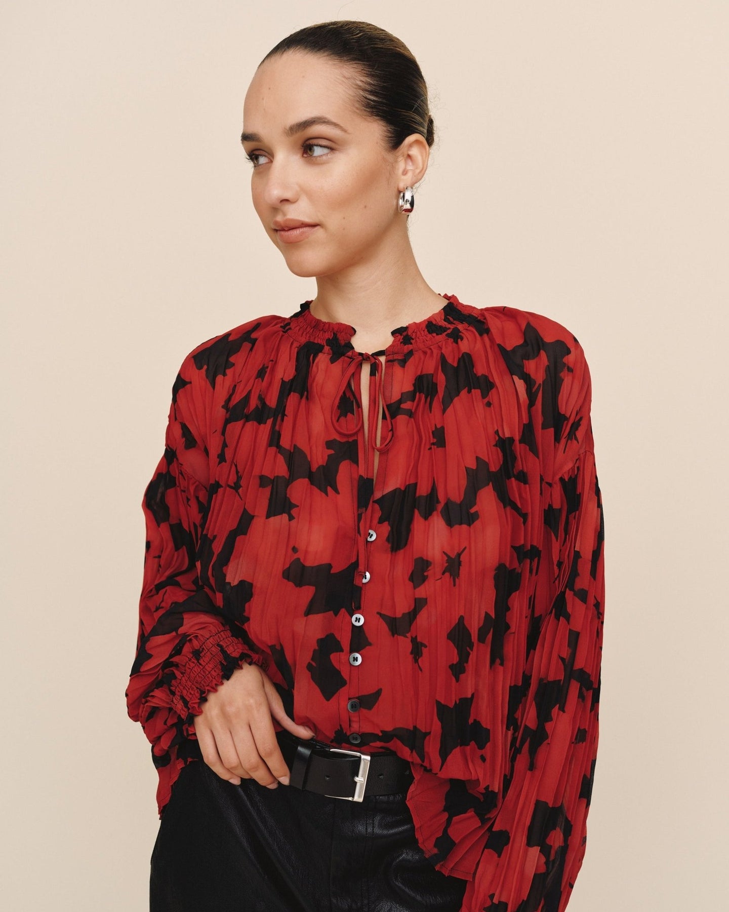 Bella DahlLong Sleeve Pleated Smocked Button Down - Red CamelliaTops