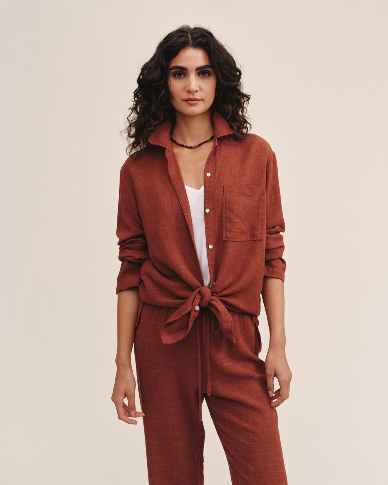 Bella DahlLong Sleeve Pocket Button Down Tunic - Red SandTops