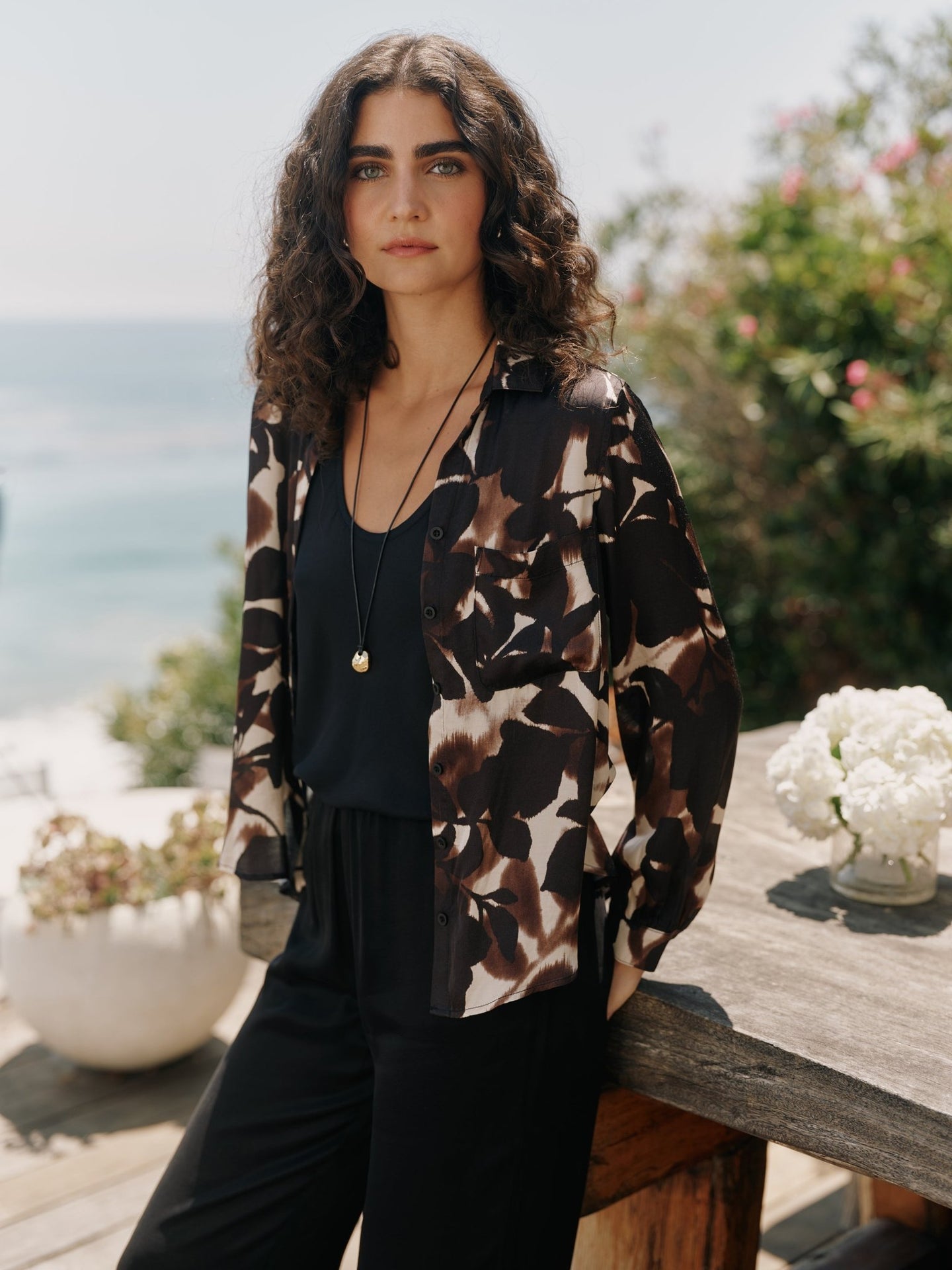Bella DahlLong Sleeve Round Hem Button Down - Shadow Floral PrintTops