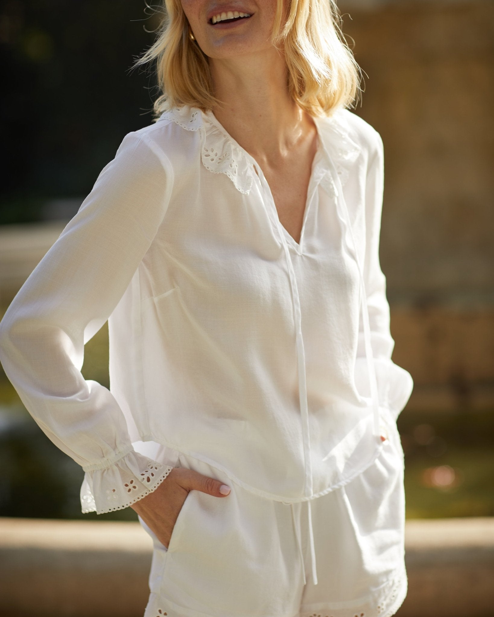 Long Sleeve Tie Neck Ruffle Top - White – Bella Dahl