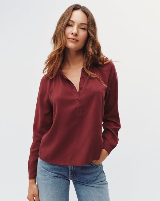 Bella Dahl Long Sleeve Wide Placket Pullover  - Deep Crimson