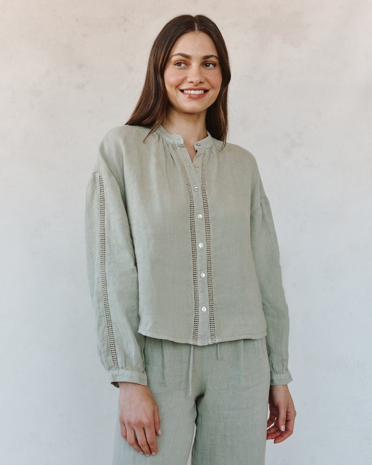 Bella DahlMandarin Collar Trimmed Button Down - Green TeaTops