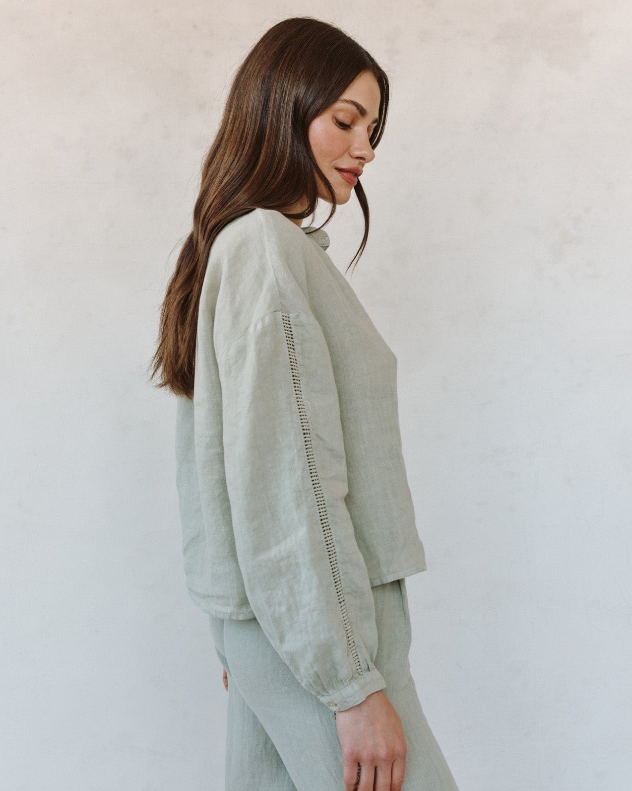 Bella DahlMandarin Collar Trimmed Button Down - Green TeaTops