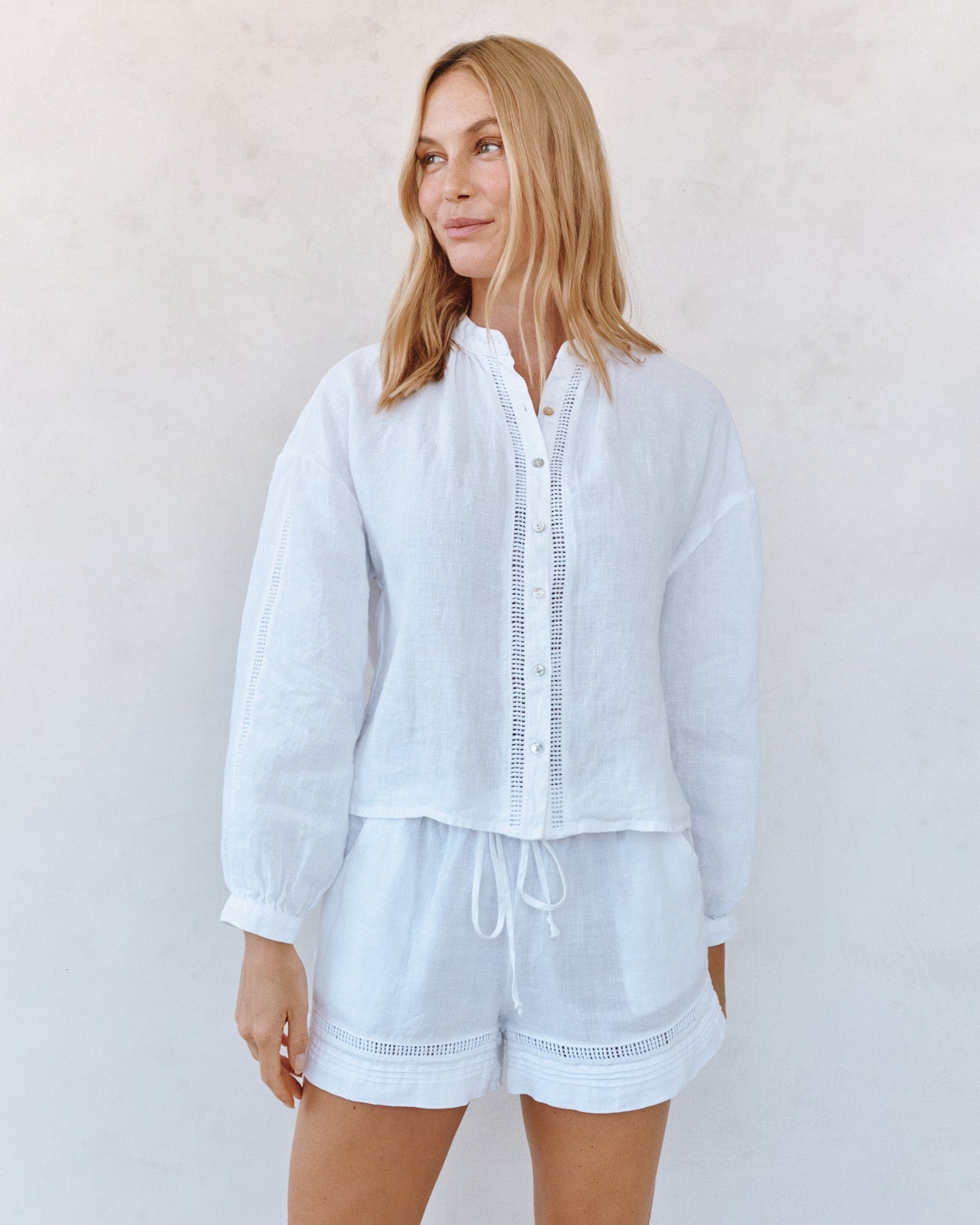 Bella DahlMandarin Collar Trimmed Button Down - WhiteTops