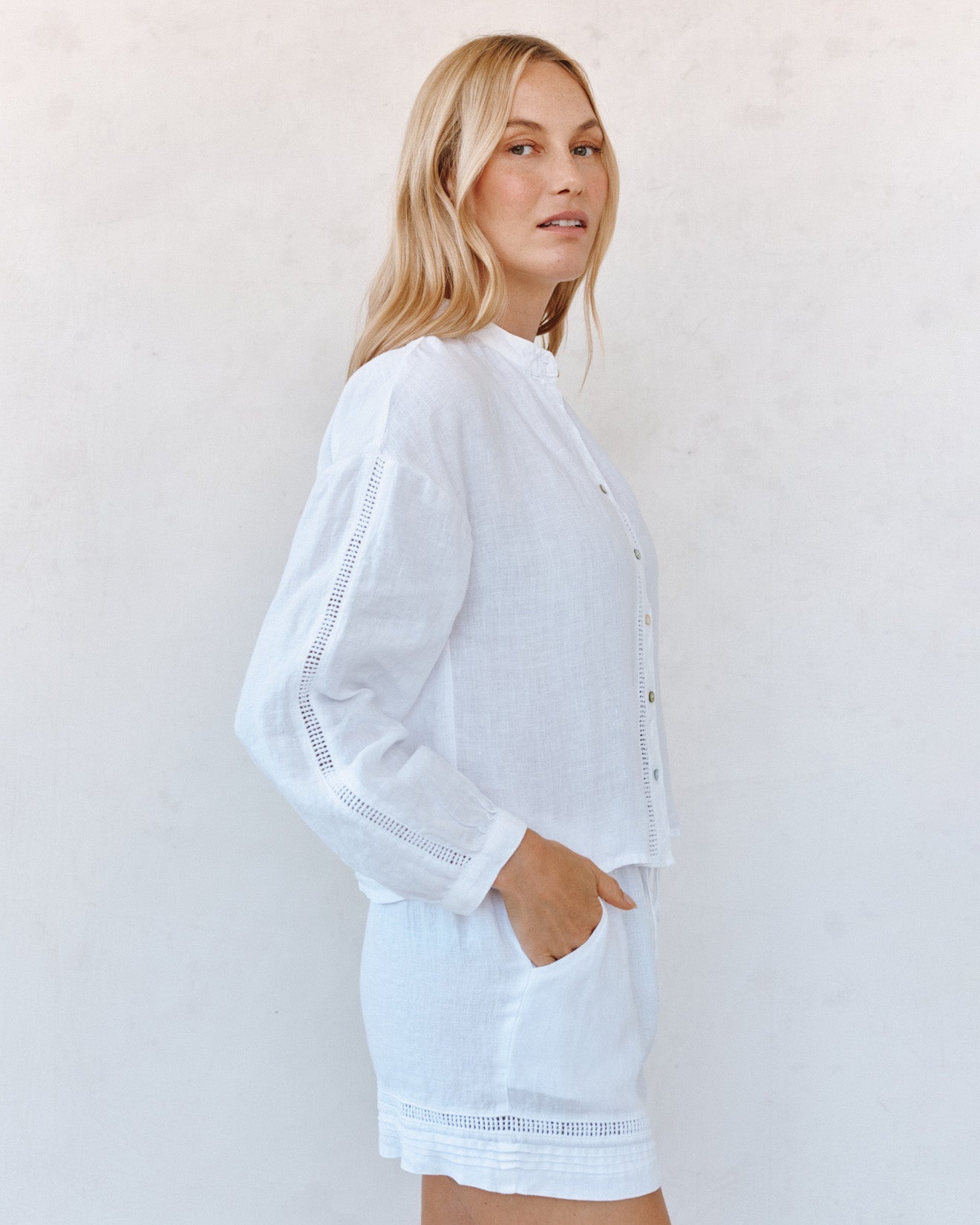 Bella DahlMandarin Collar Trimmed Button Down - WhiteTops