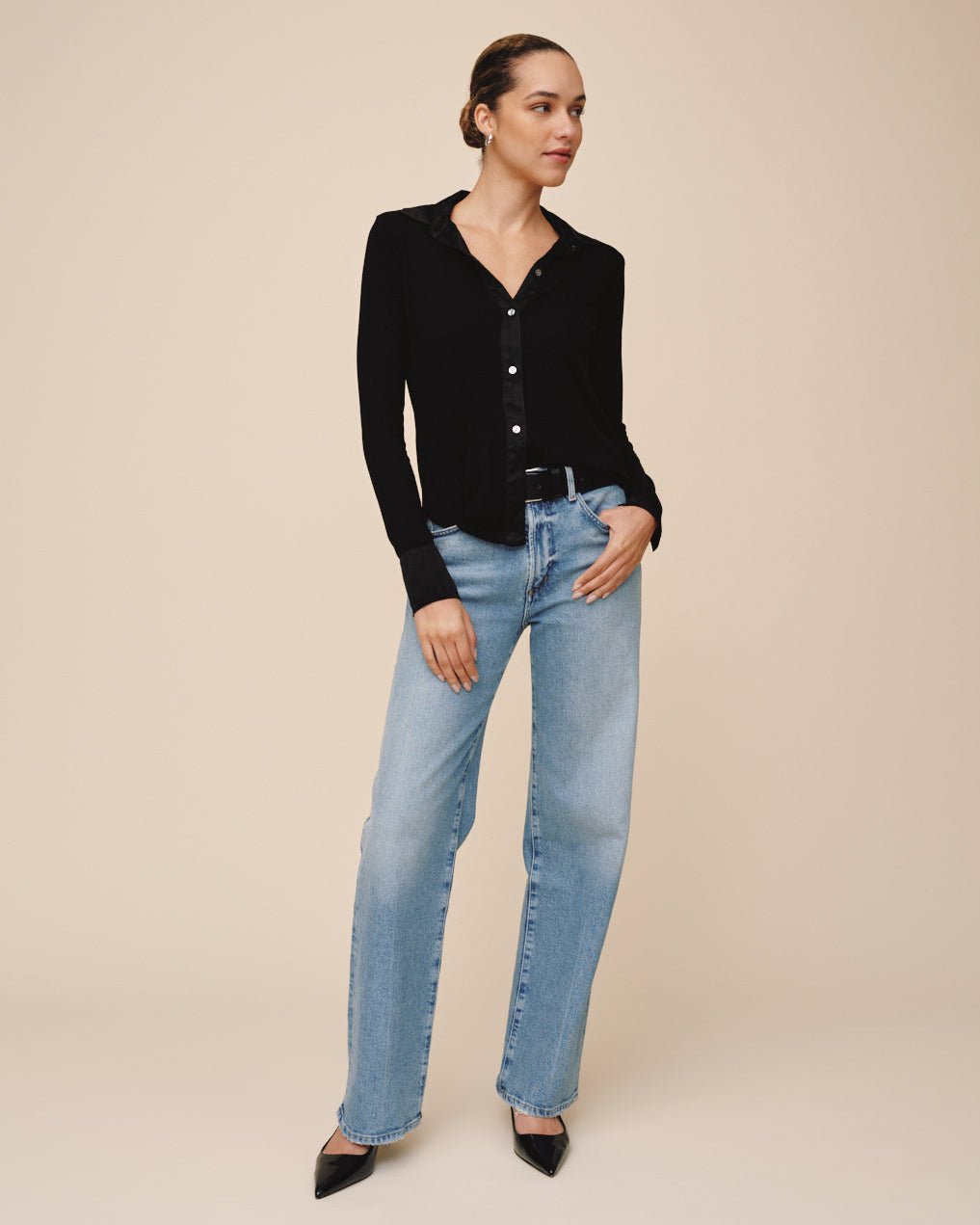 Bella DahlMixed Button Down - BlackTops