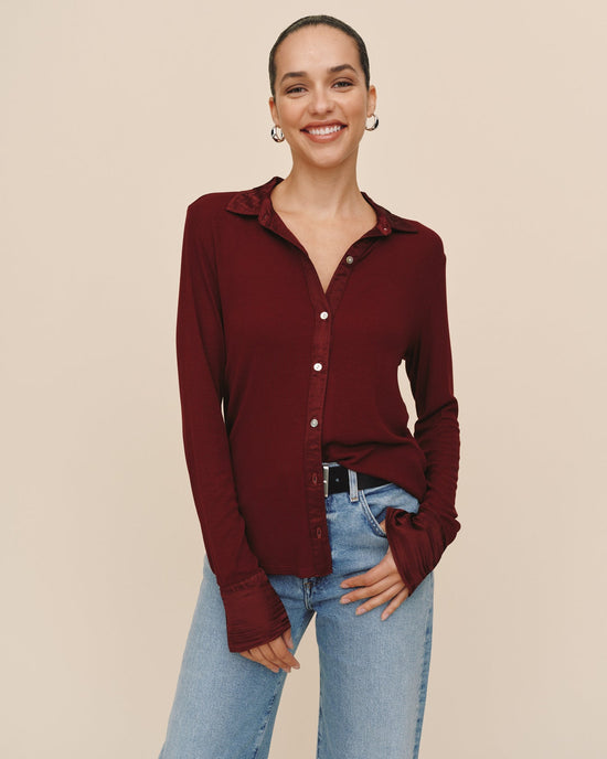 Bella Dahl Mixed Button Down - Cabernet Red