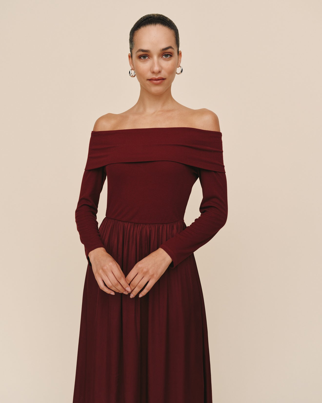 Off Shoulder Dress - Cabernet Red Bella Dahl Off Shoulder Dress - Cabernet Red Bella Dahl