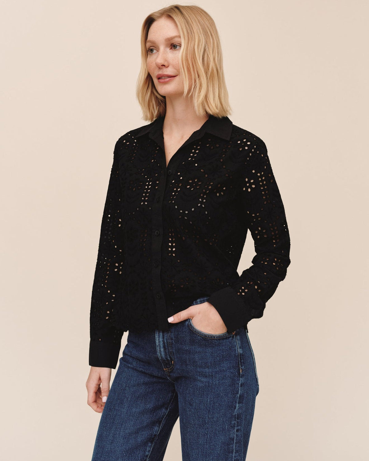 Bella DahlOpen Embroidery Contrast Shirt - BlackTops