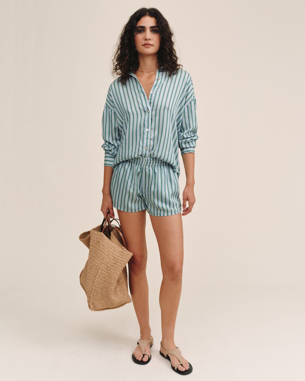 Bella DahlOversized Button Down - Emerald Surf StripeTops