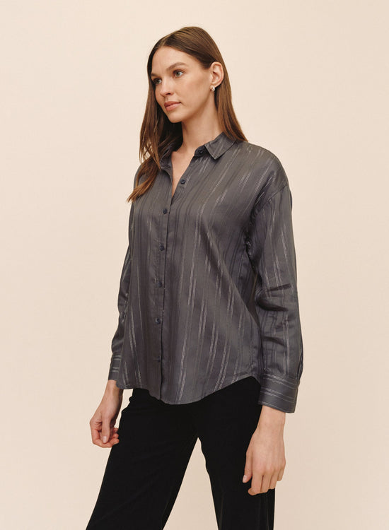 Bella Dahl Oversized Button Down - Smoke Lurex Stripe View 2