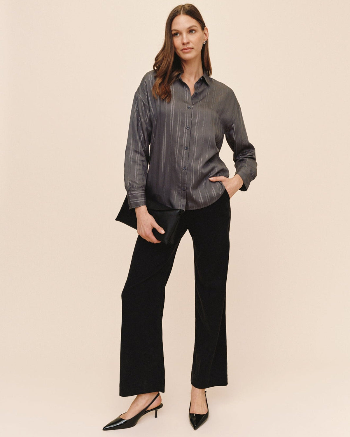 Bella DahlOversized Button Down - Smoke Lurex StripeTops