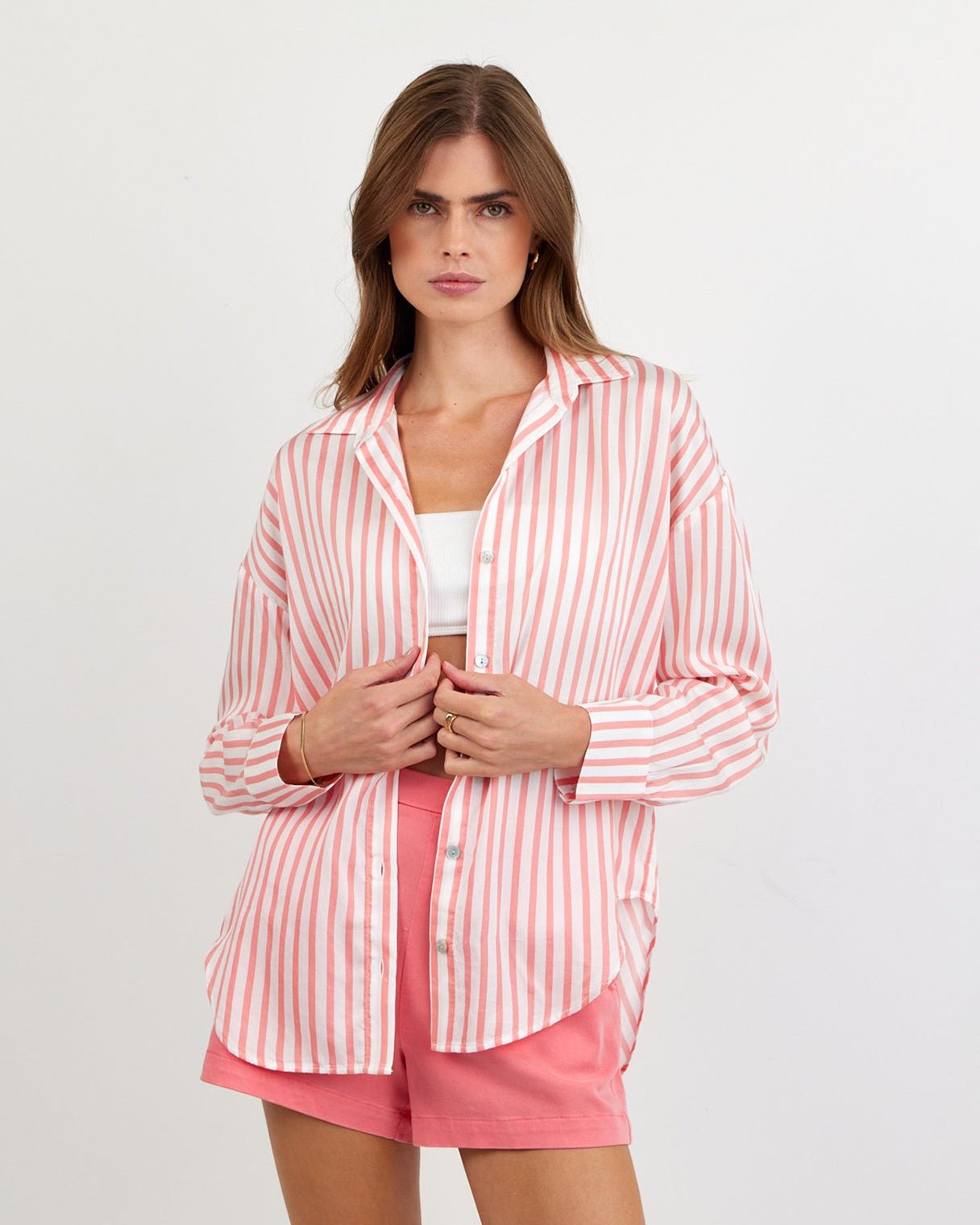 Bella DahlOversized Button Down - Wild Coral StripeTops