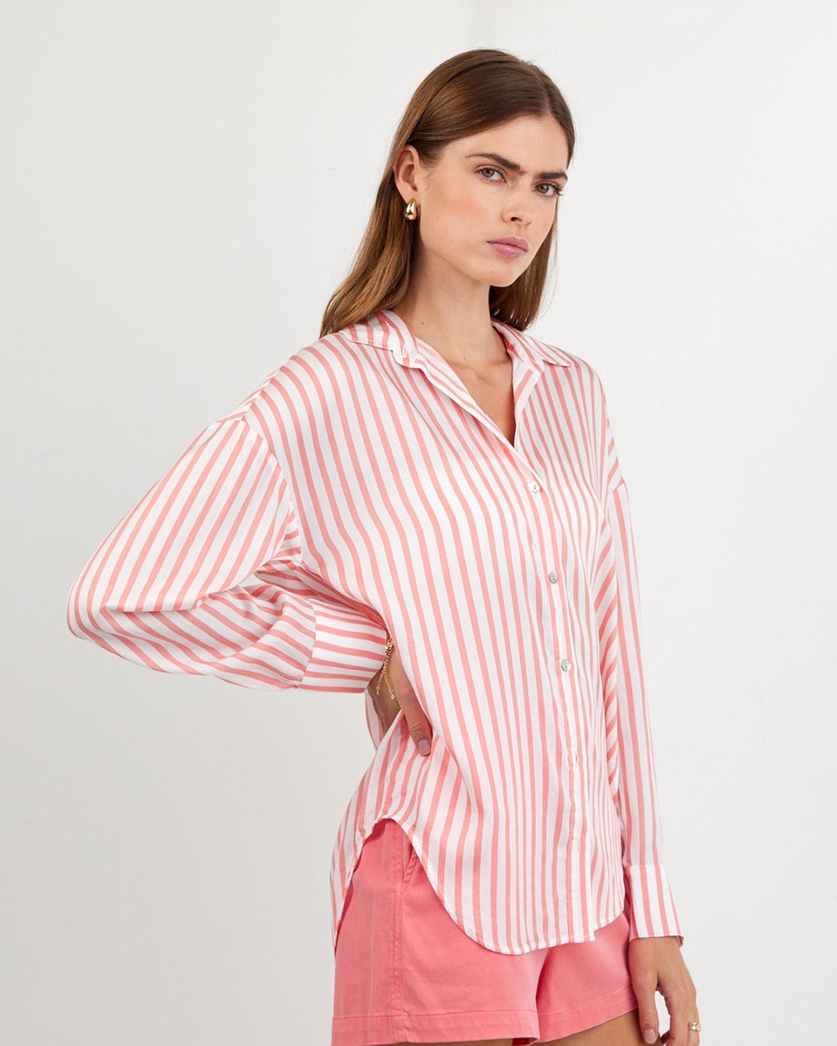 Bella DahlOversized Button Down - Wild Coral StripeTops