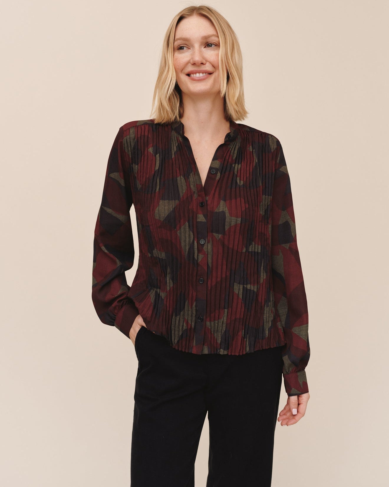 Bella DahlPleated Bodice Shirt- Abstract Camo PrintTops
