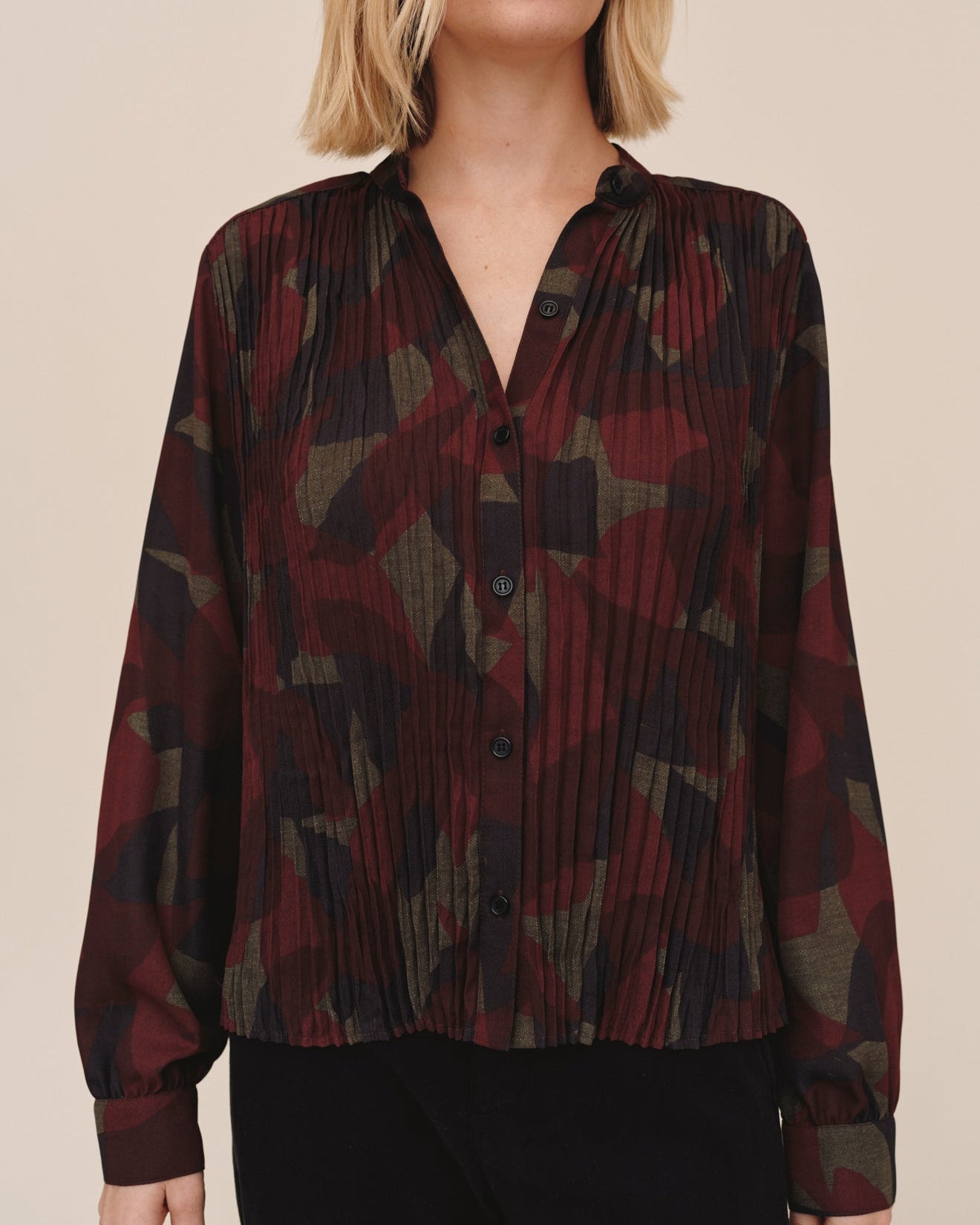 Bella DahlPleated Bodice Shirt- Abstract Camo PrintTops