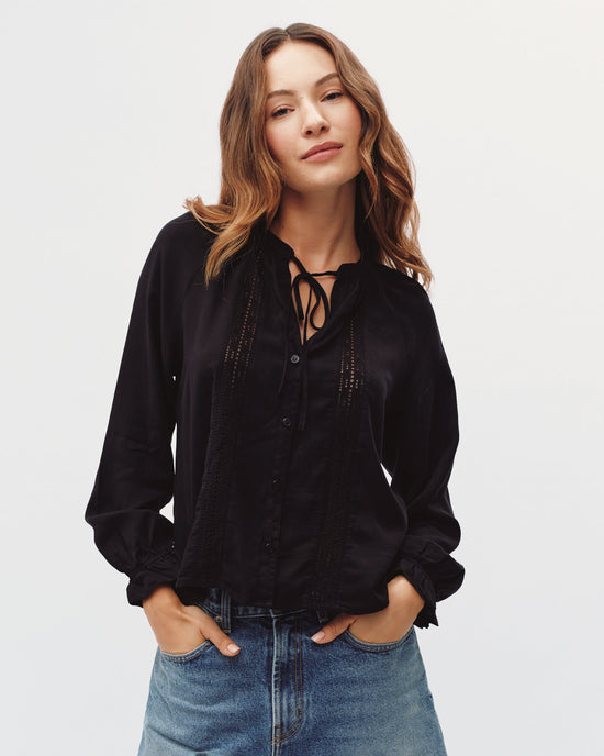 Bella Dahl Raglan Sleeve Top With Lace Inset - Black