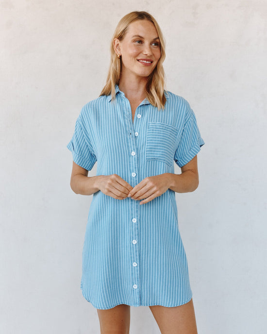 Bella Dahl Roll Sleeve Pocket Shirt Dress - Coastal Stripe Wash View 2