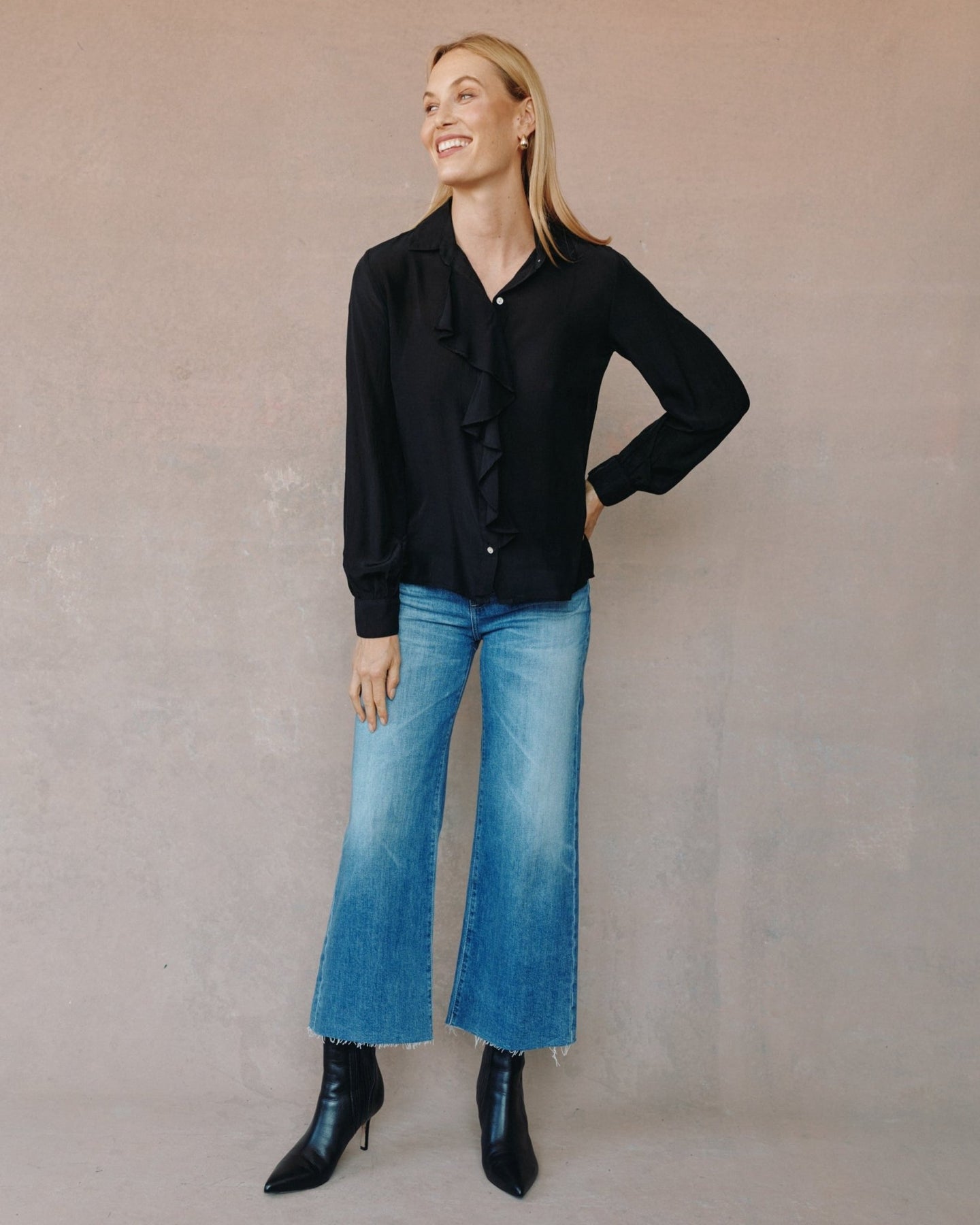 Bella DahlRuffle Front Shirt - BlackTops