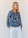 Bella DahlRuffle Neck Raglan Button Down - Indigo Bloom PrintTops