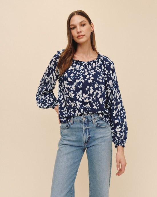 Bella Dahl Ruffle Neck Raglan Button Down - Indigo Bloom Print