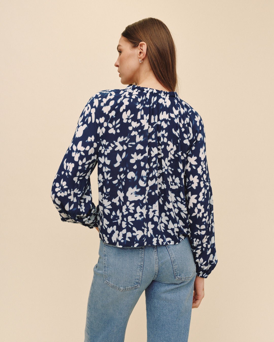 Bella DahlRuffle Neck Raglan Button Down - Indigo Bloom PrintTops