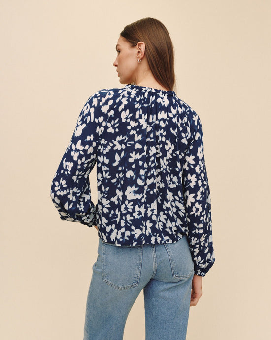 Bella Dahl Ruffle Neck Raglan Button Down - Indigo Bloom Print View 2