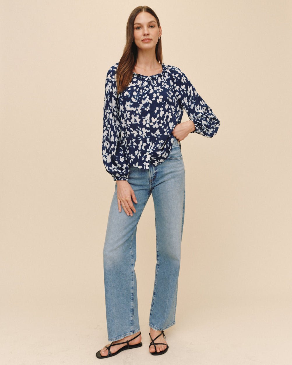 Bella DahlRuffle Neck Raglan Button Down - Indigo Bloom PrintTops
