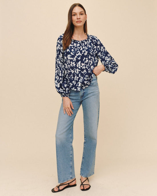 Bella Dahl Ruffle Neck Raglan Button Down - Indigo Bloom Print View 2