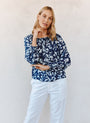 Bella DahlRuffle Neck Raglan Button Down - Indigo Bloom PrintTops