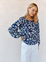 Bella DahlRuffle Neck Raglan Button Down - Indigo Bloom PrintTops