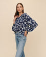 Bella DahlRuffle Neck Raglan Button Down - Indigo Bloom PrintTops