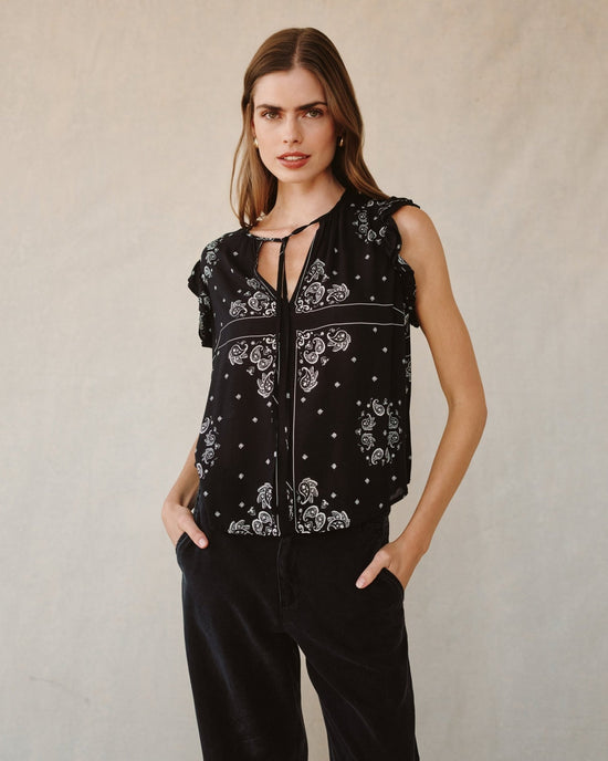Bella Dahl Ruffle Sleeve Tie Neck Top- Bandana Print View 2