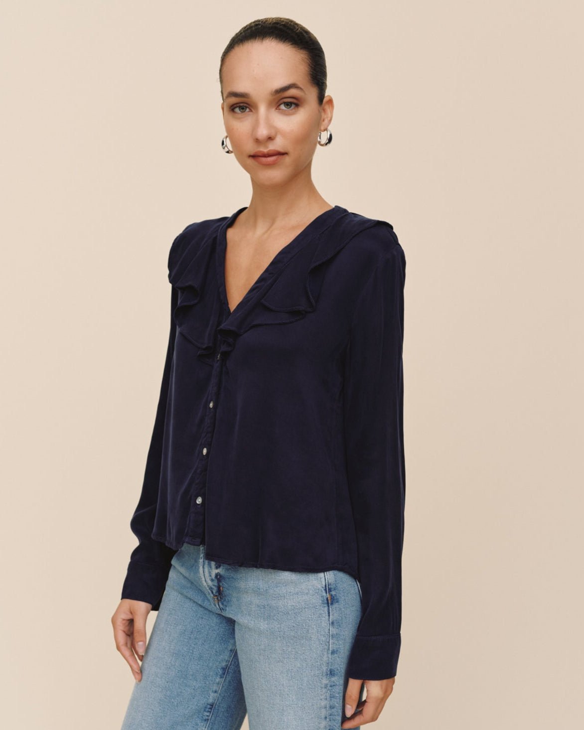 Bella DahlRuffle V - Neck Button Up - Polar EclipseTops