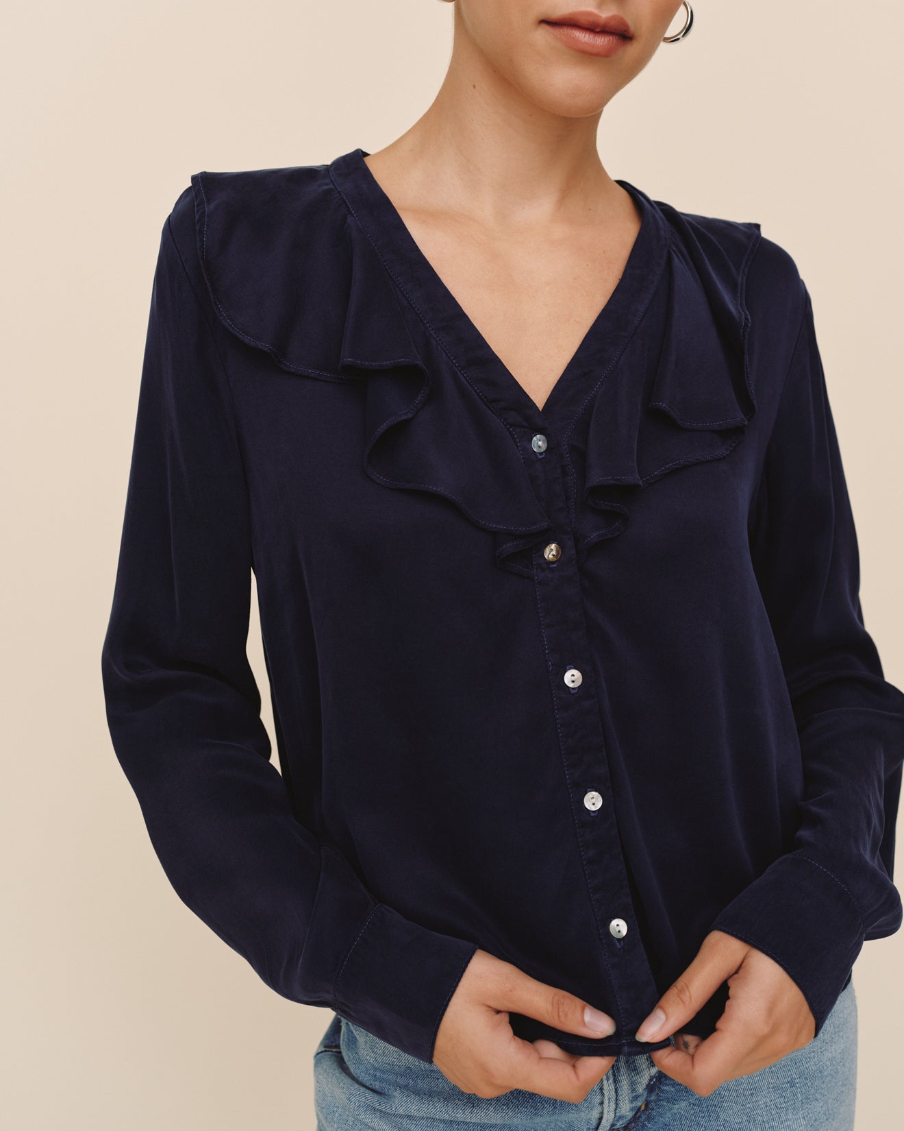 Bella DahlRuffle V - Neck Button Up - Polar EclipseTops