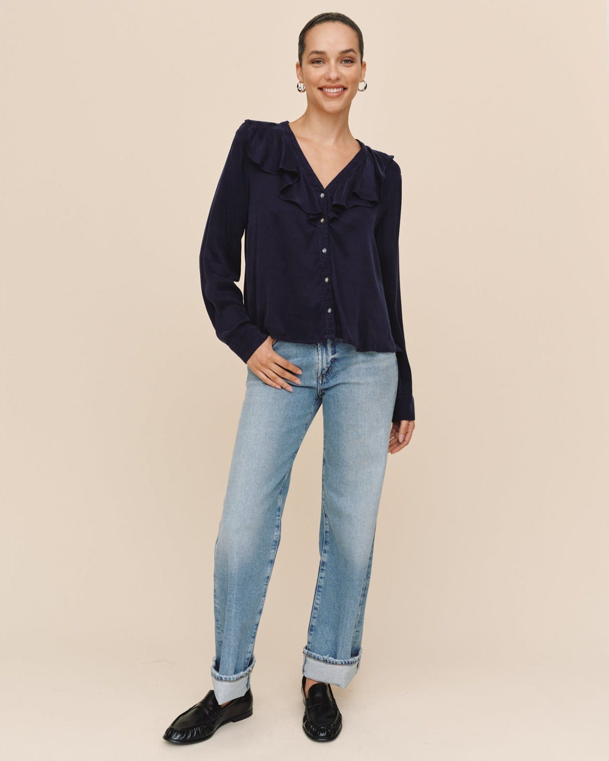 Bella DahlRuffle V - Neck Button Up - Polar EclipseTops