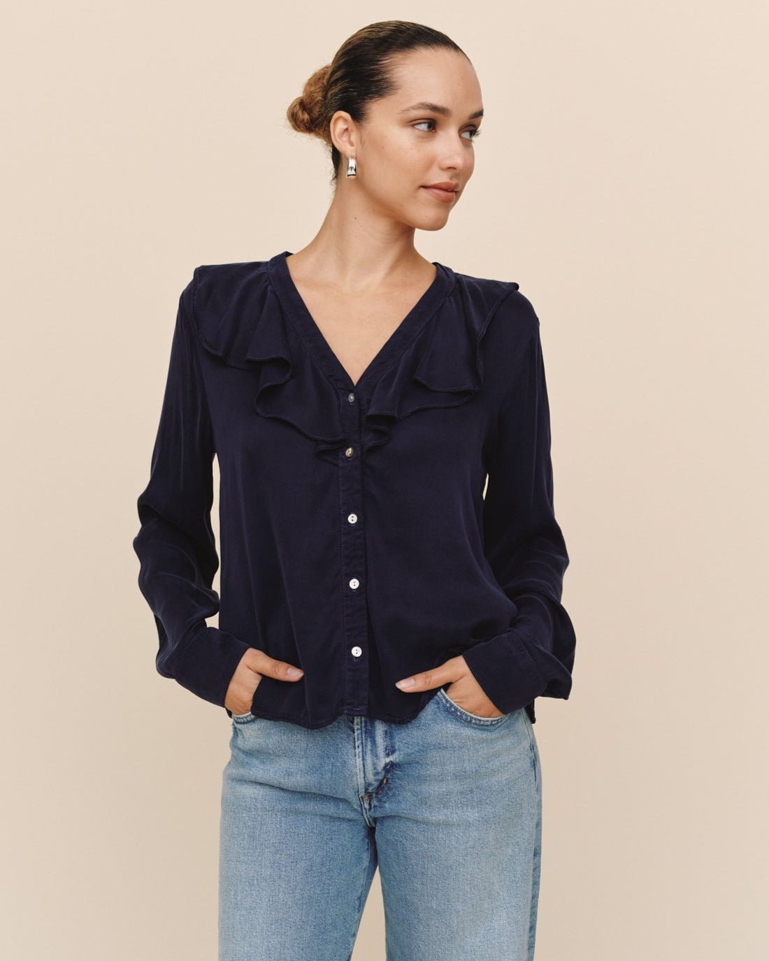 Bella DahlRuffle V - Neck Button Up - Polar EclipseTops