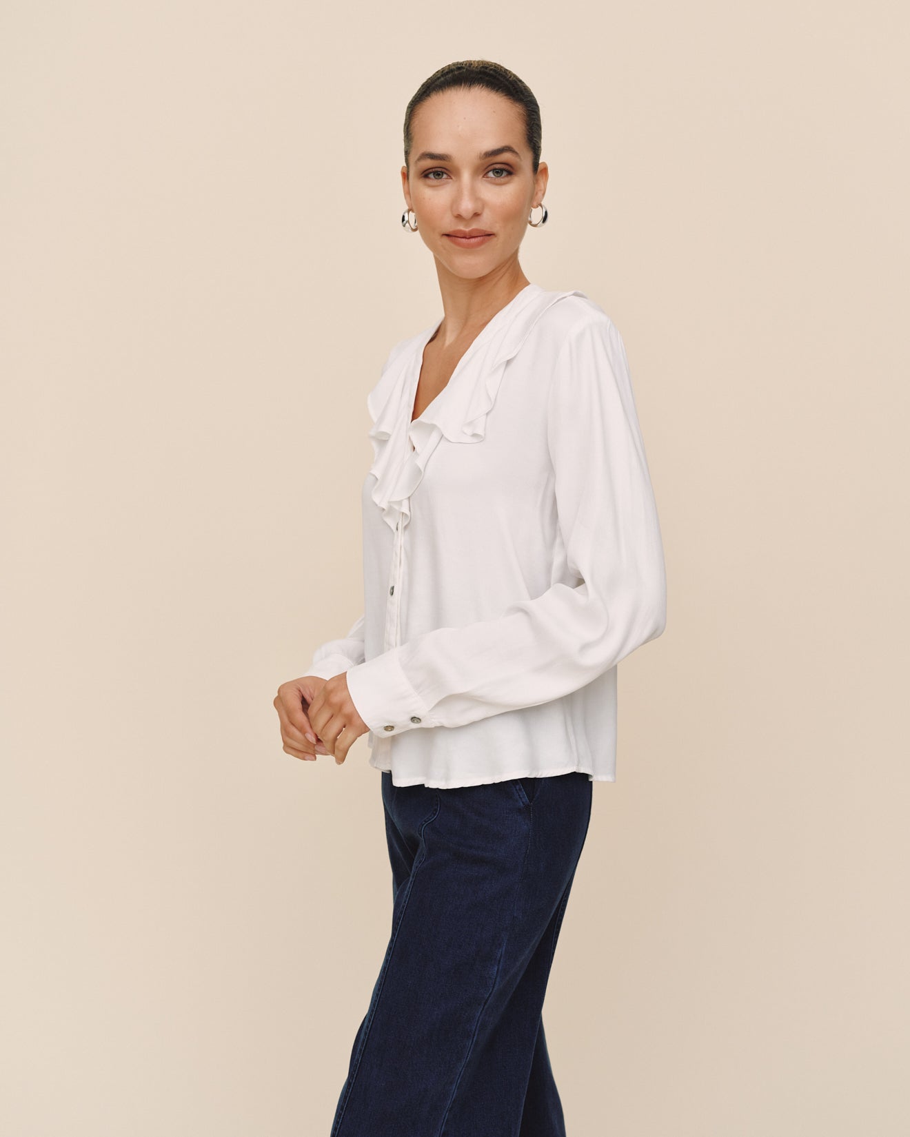 Bella DahlRuffle V - Neck Button Up - WhiteTops