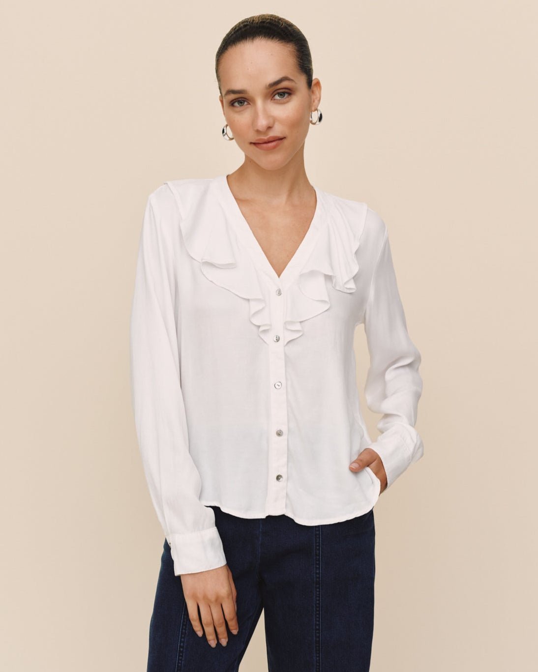 Bella DahlRuffle V - Neck Button Up - WhiteTops