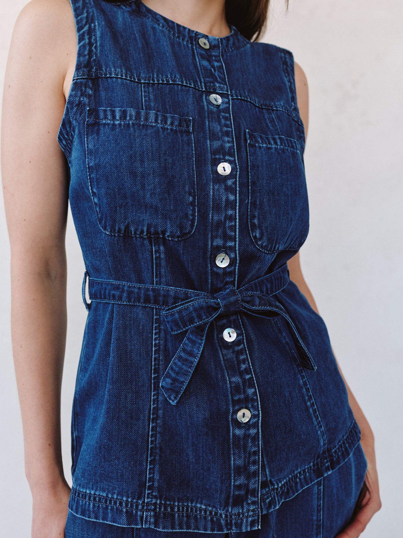 Seamed Belted Vest - Horizon Blue Wash – Bella Dahl