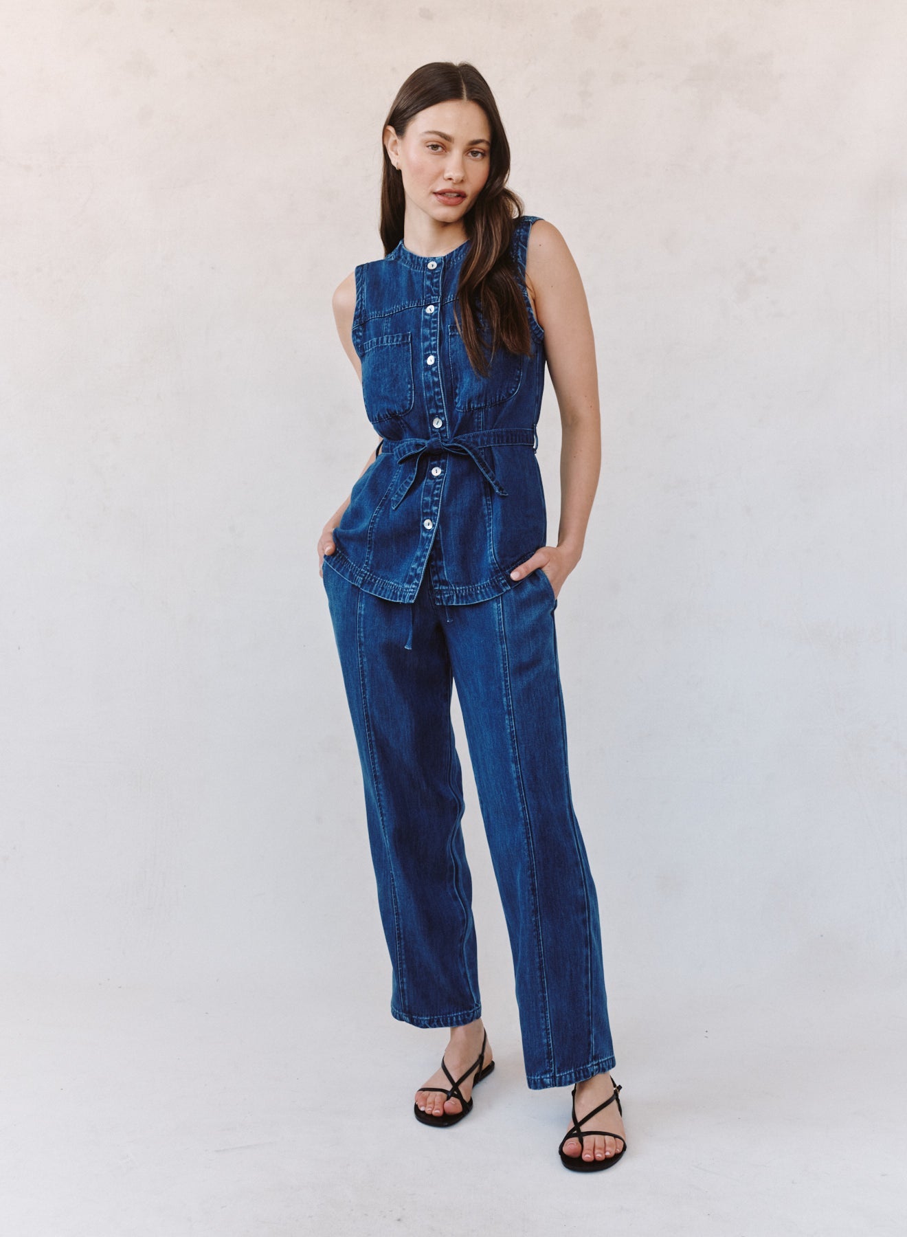 Seamed Belted Vest - Horizon Blue Wash – Bella Dahl