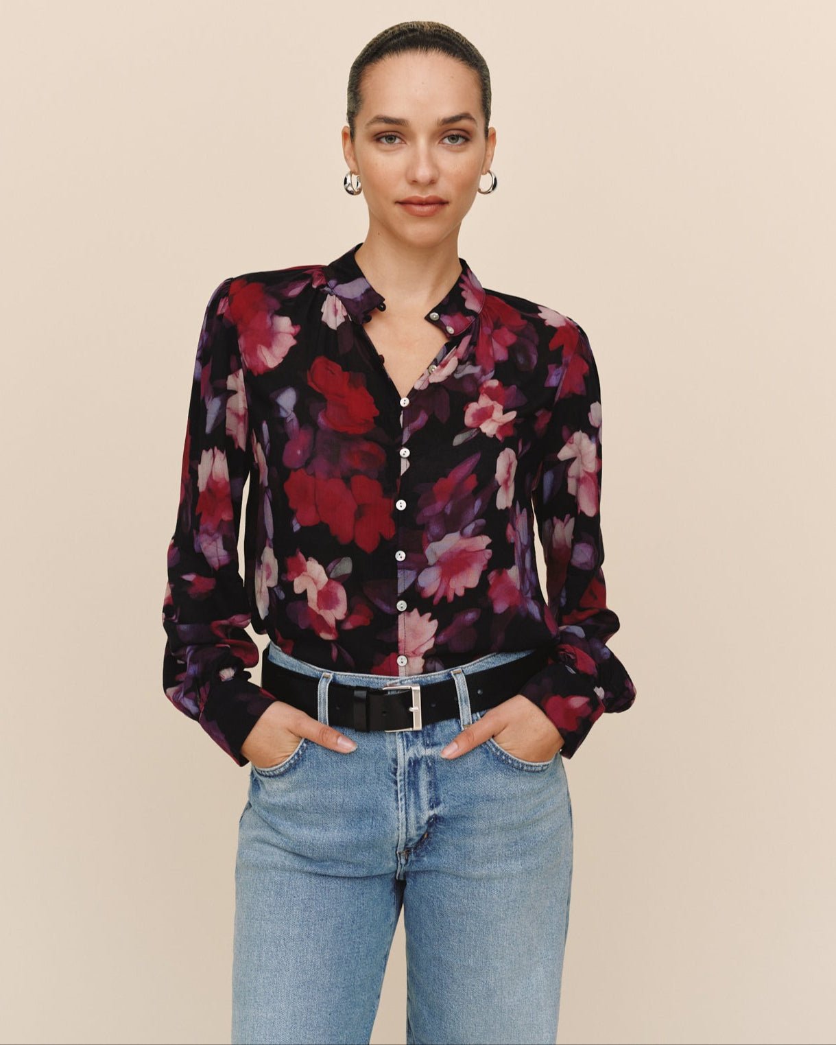 Bella DahlShirred Button Up Blouse - Berry Bloom PrintTops