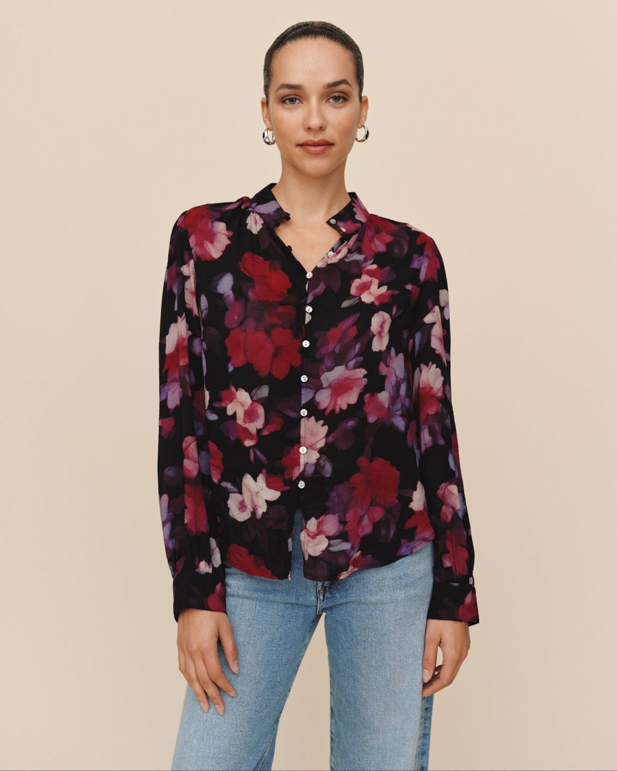 Bella DahlShirred Button Up Blouse - Berry Bloom PrintTops