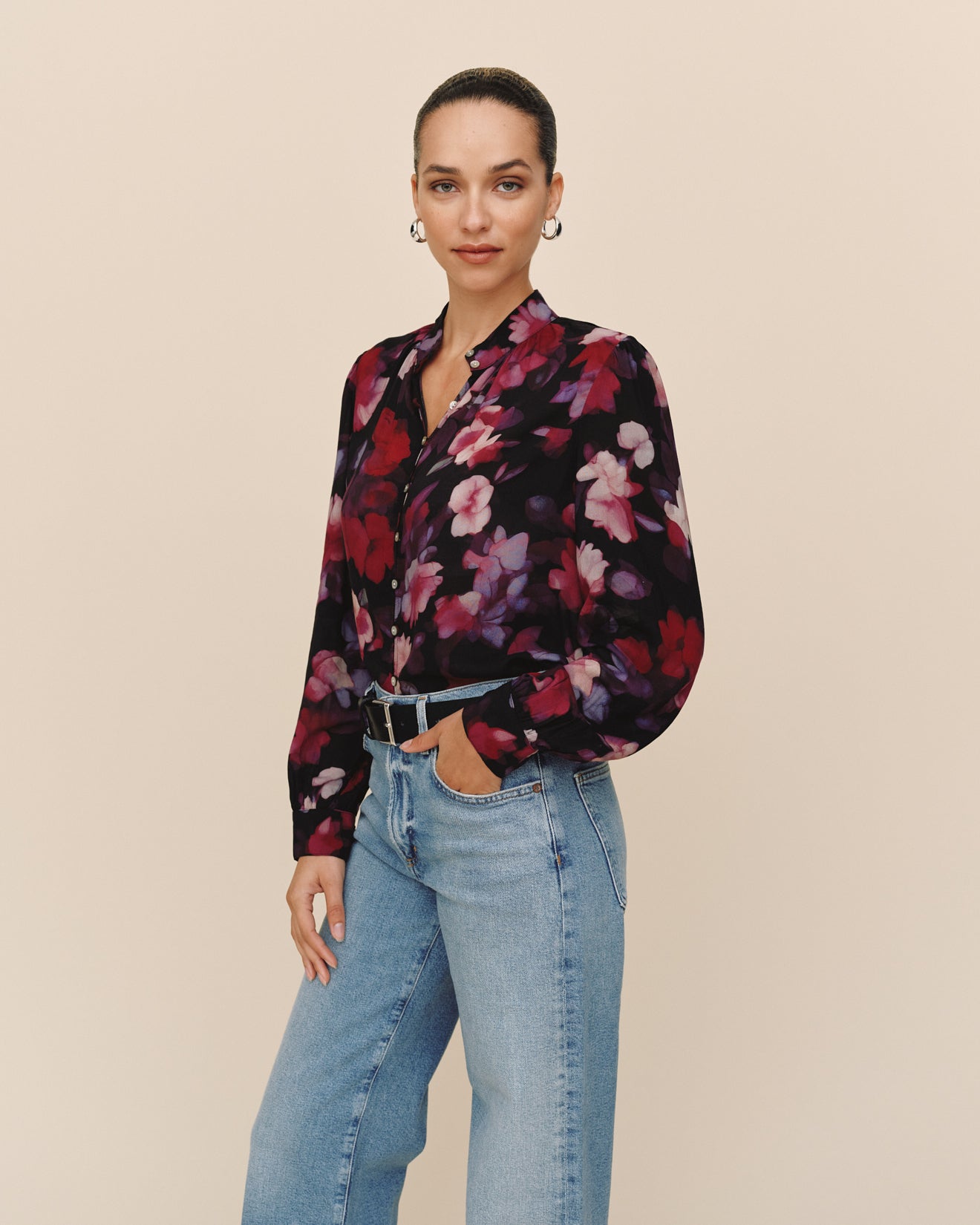 Shirred Button Up Blouse - Berry Bloom Print – Bella Dahl