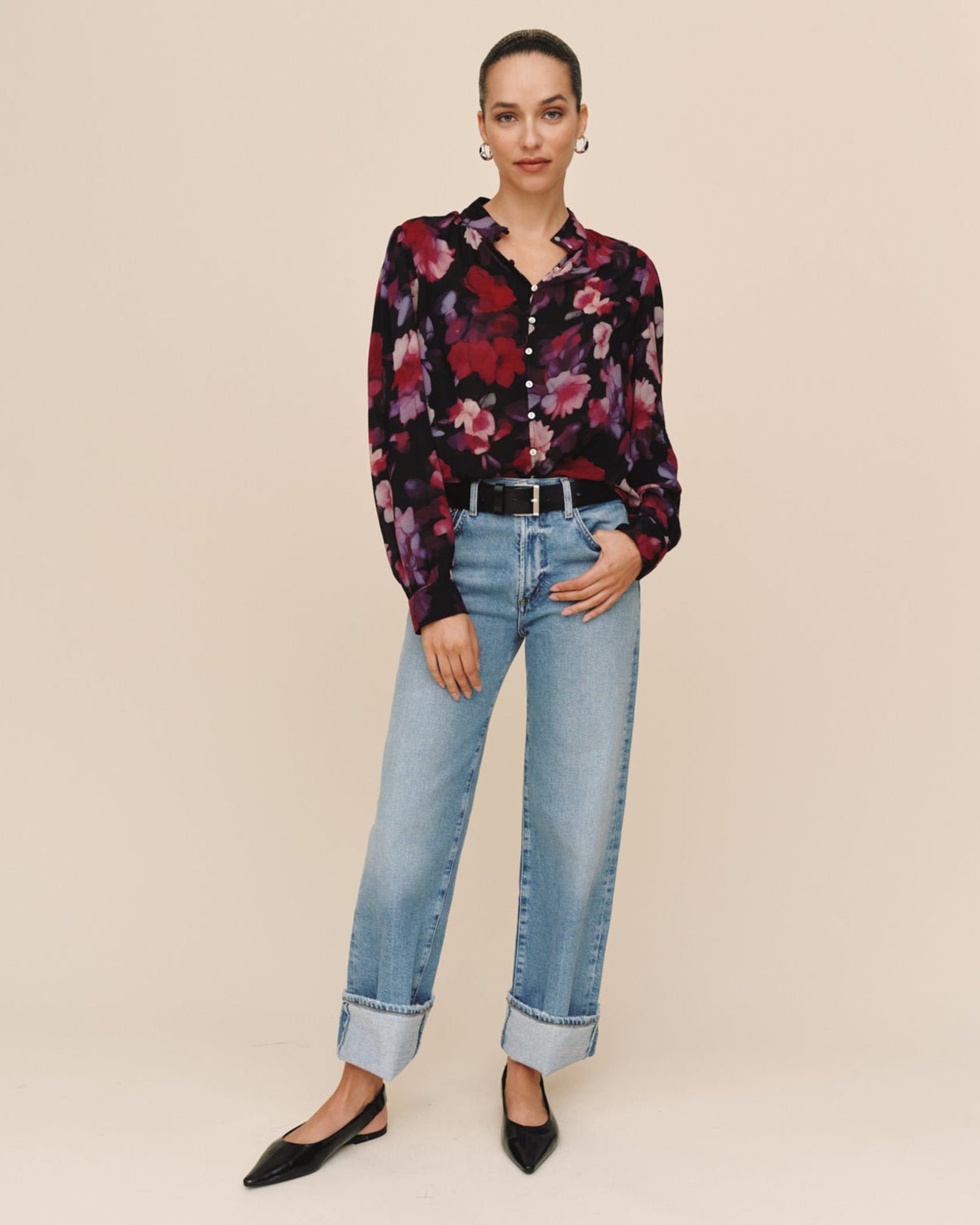 Bella DahlShirred Button Up Blouse - Berry Bloom PrintTops