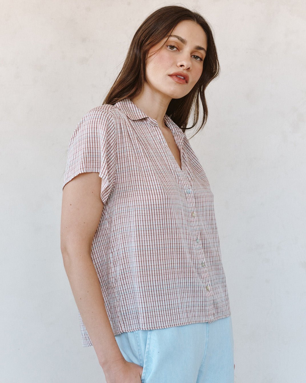 Bella DahlShirred Short Sleeve Shirt - Sunwashed CheckTops
